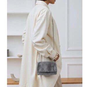 Faux Fur Fold-Over Snap Clasp Silver Tone Chain Gray Clutch Bag By Target